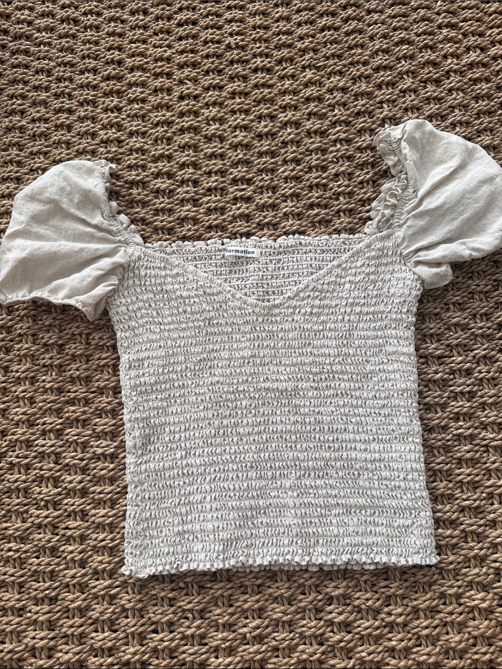 Reformation Flax Colored Smocked Puff-Sleeve Crop Top Size XS